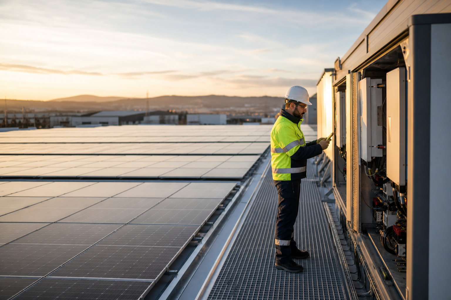 Çatı tipi güneş enerjisi sistemini kontrol eden mühendis